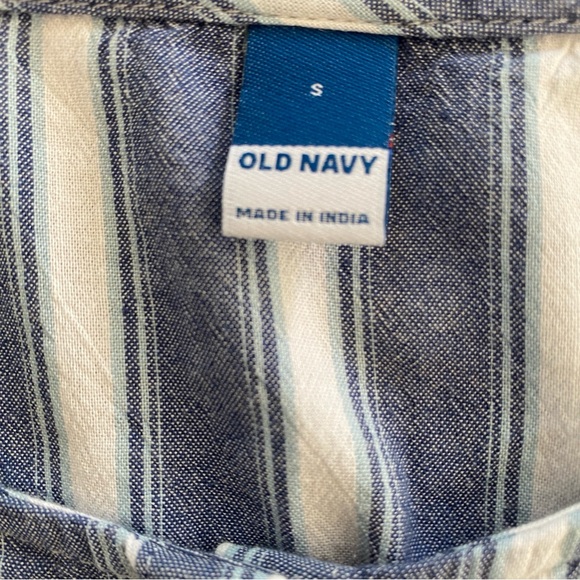 Old Navy Puff-Sleeve Tiered Midi Swing Dress in Blue Striped Small S Pockets - Picture 7 of 15